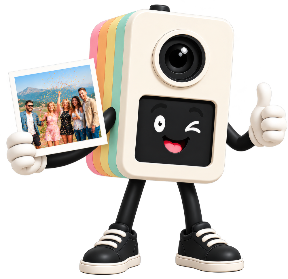 Klicksi, das Fotobox-Maskottchen, hält einen Fotostreifen in die Kamera