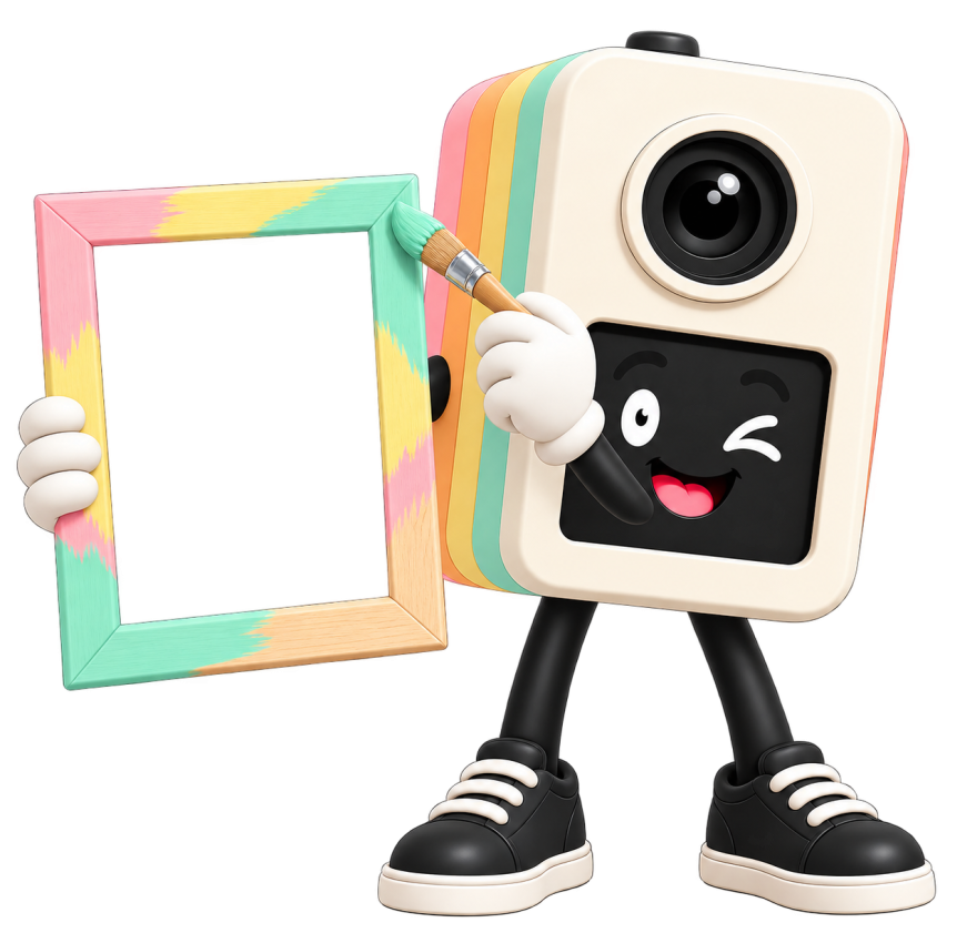 Klicksi, das Fotobox-Maskottchen, zeigt einen Ausdruck mit Fotorahmen