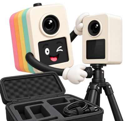 Klicksi baut die Fotobox auf dem Stativ auf